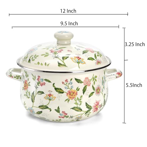 Jucoan 5 Quart Enamel Stockpot with Lid, Green Floral Enamelware Cooking Pot with Dual Handles for Stovetop, Large Soup Pot Potpourri Simmer Pot Gift for Housewarming Bridal Shower Mother's Day
