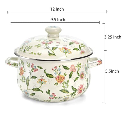 Jucoan 5 Quart Enamel Stockpot with Lid, Green Floral Enamelware Cooking Pot with Dual Handles for Stovetop, Large Soup Pot Potpourri Simmer Pot Gift for Housewarming Bridal Shower Mother's Day