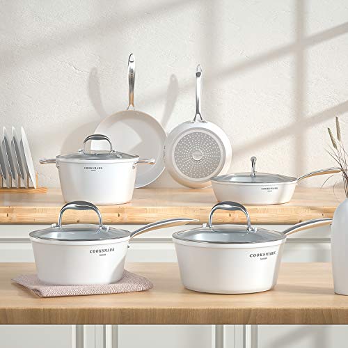 COOKSMARK Nonstick Ceramic Cookware Set, Induction & Dishwasher Safe Scratch-Resistant Pots and Pans Set with Glass Lids 10 Pieces, White
