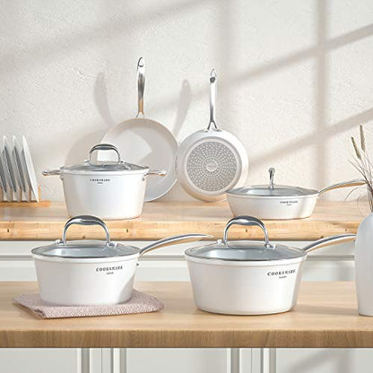 COOKSMARK Nonstick Ceramic Cookware Set, Induction & Dishwasher Safe Scratch-Resistant Pots and Pans Set with Glass Lids 10 Pieces, White
