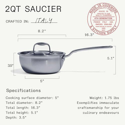 Made In Cookware | 2 Quart Stainless Steel Saucier Pan | 5 Ply Stainless Clad | Professional Cookware | Crafted in Italy | Induction Compatible