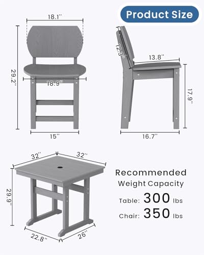 BIVODA 5-Piece HDPE Outdoor Dining Set, Weatherproof Patio Table and Chairs Set for 4, Includes 1 Square Table and 6 Armless Chairs, with Umbrella Hole (Grey)