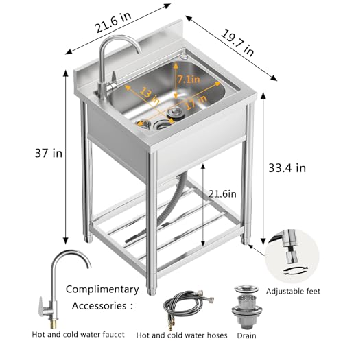 Free Standing Stainless-Steel Single Bowl Commercial Restaurant Kitchen Sink Set w/Faucet, Prep & Utility Washing Hand Basin w/Storage Shelve, laundry tub for Indoor Outdoor (22in)