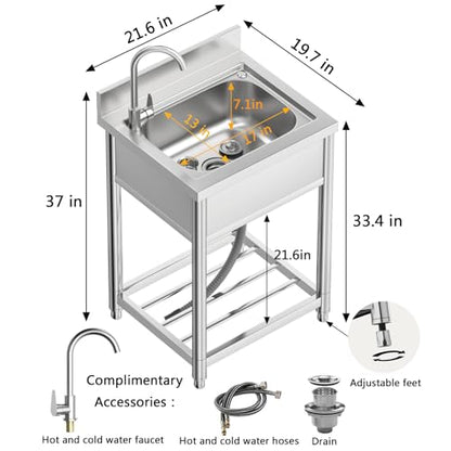 Free Standing Stainless-Steel Single Bowl Commercial Restaurant Kitchen Sink Set w/Faucet, Prep & Utility Washing Hand Basin w/Storage Shelve, laundry tub for Indoor Outdoor (22in)
