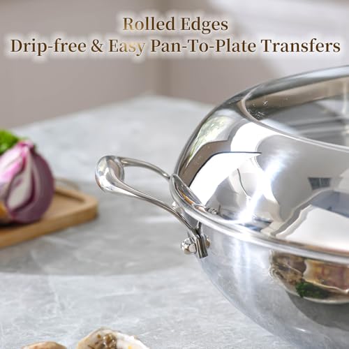DELARLO Tri-Ply Stainless Steel Wok Pan With Lid 14 Inch Non stick,Woks & Stir-Fry Pans Nonstick 6QT Deep Frying Pan, Induction Saute Pan With Lid,Dishwasher and Oven Safe