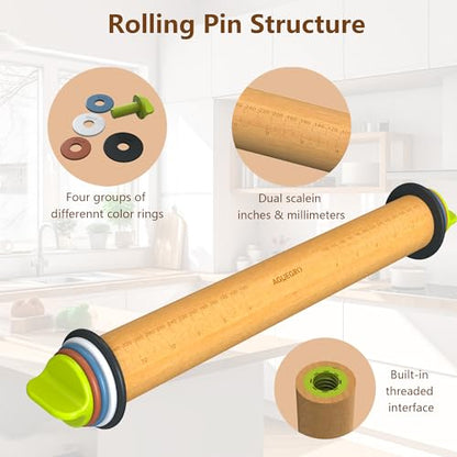 Aguegro Rolling Pin with Adjustable Thickness Ring, Dough Thickness for Baking, Fondant, Pizza, Crust, Cookies, Pastry, 13.6'' Wooden Rolling Pin with 4 Multi-Color Thickness Rings