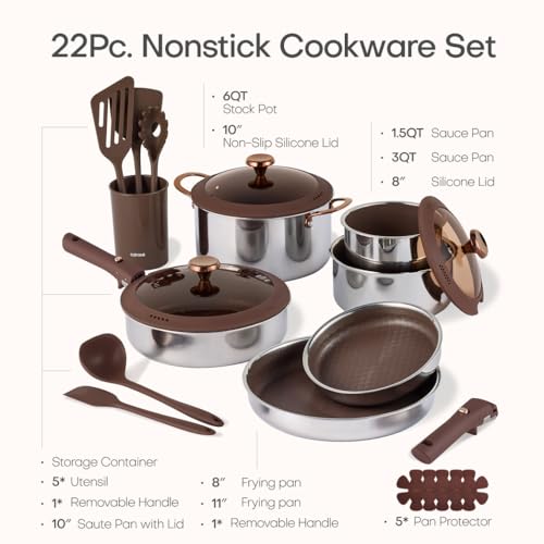 CAROTE 22PCS Stainless Steel Cookware Set, Ceramic Hybrid Nonstick Pots and Pans Set, Titanium Cookware, Kitchen Cookware Set, Induction Safe, Oven Safe, Brown, Mothers Day Gifts