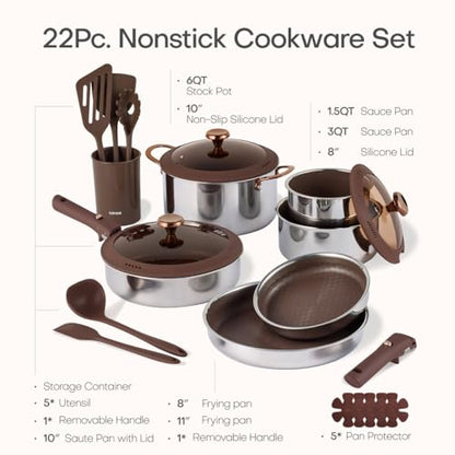 CAROTE 22PCS Stainless Steel Cookware Set, Ceramic Hybrid Nonstick Pots and Pans Set, Titanium Cookware, Kitchen Cookware Set, Induction Safe, Oven Safe, Brown, Mothers Day Gifts