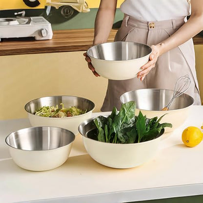 Eugelrom 4-Piece 304 Stainless Steel Mixing Bowls Set with Colander & Strainer – Off-White Coated Nesting Bowls, Food Grade Metal Bowl Set for Meal Prep, Kitchen Essentials (Lids Not Included)