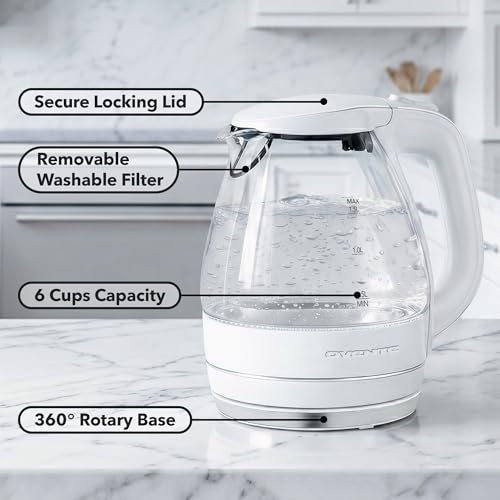 OVENTE 1.5L Glass Electric Kettle Water Boiler, White KG83W