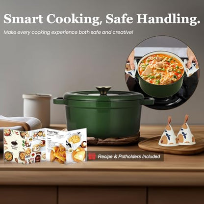Overmont Enameled Cast Iron Dutch Oven - 5QT Pot with Lid Cookbook & Cotton Potholders - Heavy-Duty Cookware for Braising, Stews, Roasting, Sourdough Baking moss
