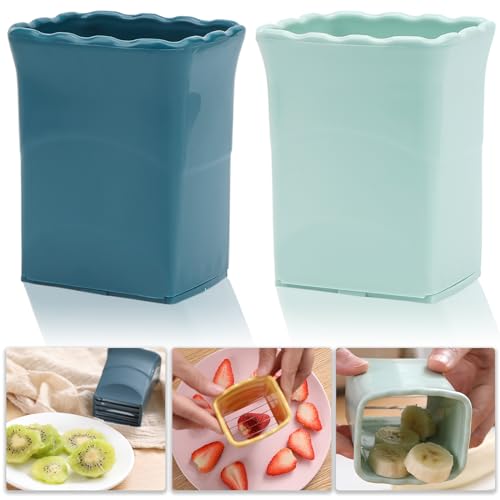 Tulobi 2-Piece Fruit Slicer Set, Stainless Steel, Mini Cup Slicer, Quick Salad Maker, Creative Kitchen Gadget (Navy Blue + Cyan)