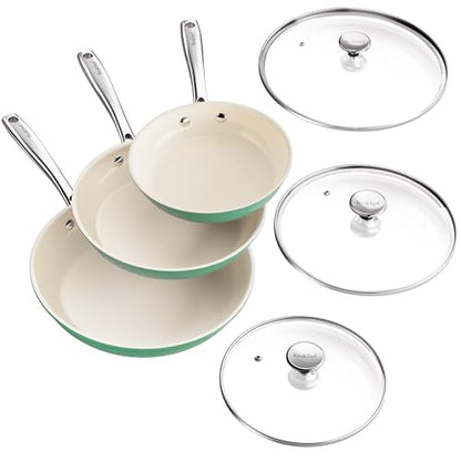 Redchef Nonstick 6-Piece Fry Pan Set, 8, 9.5, and 11 Inch Frying Pans with Tempered Glass Lids, Stay-Cool Handles, Dishwasher & Oven Safe, Induction Safe, Compatible with All Cooktops, Green