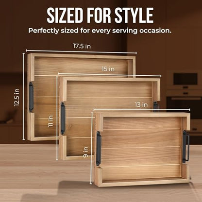 Flexzion Rustic Wooden Serving Trays Set of 3 with Handles, Stackable Fir Wood Ottoman Tray for Coffee Table, Breakfast in Bed, Charcuterie, Snacks, Drinks, Food Serving & Home Decor, Brown