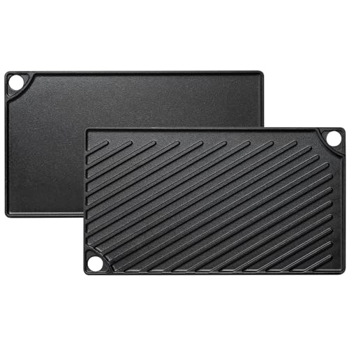 EWFEN Reversible Grill/Griddle, 16.7x9.5'' Pre-Seasoned Cast Iron Griddle Pan, Double Burner Cookware, Rectangular Non-Stick Stovetop Griddle with Handles, Flat Top Plate for Oven, Grill & Campfire