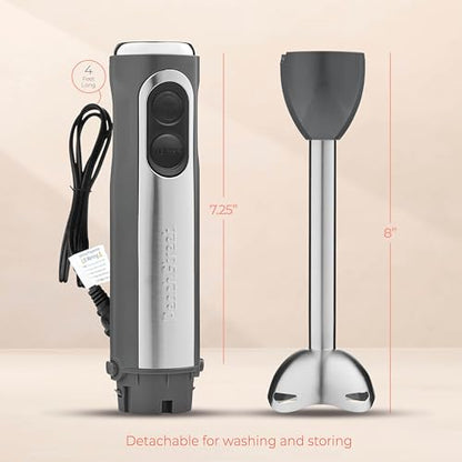 Powerful Immersion Blender, Electric Hand Blender 500 Watt with Turbo Mode, Detachable Base. Handheld Kitchen Blender Stick for Soup, Smoothie, Puree, Baby Food, 304 Stainless Steel Blades (Grey)