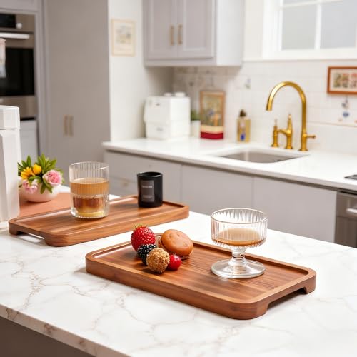Wood Serving Trays Set of 6, 14 x 6 inch Acacia Wood Platters, Long Rectangular Wooden Trays for Charcuterie, Appetizers, Dessert, Party Serving & Kitchen Décor