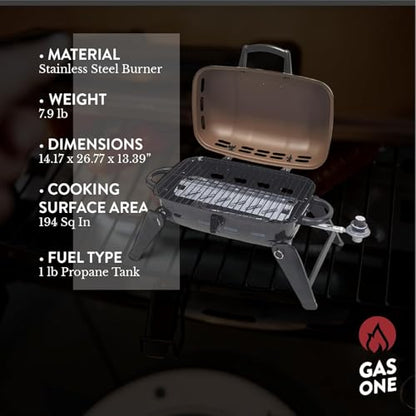 GasOne Tabletop Propane Grill – Portable Grill Propane with Heat Resistant Handles, Large Cooking Surface – User Friendly Temperature Control Knob Portable Gas Grill for RV, Camping, Home – Tan Brown