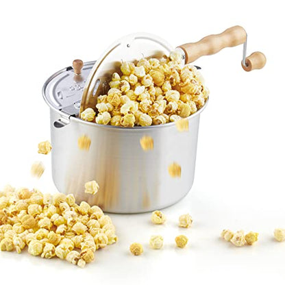 Cook N Home 6 Quart Stovetop Popcorn Popper, Hand Crank Popcorn Maker with Metal Gears, Stirring System and Wooden Handle, Aluminum Popcorn Pot for Family Time & Camping