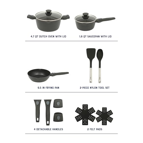 Oster SmartHandle Advance 13-Piece Nonstick Cookware Set – Matte Black Finish, Induction Base, Detachable Handles, Forged Aluminum, Oven & Dishwasher Safe, With Utensils & Pan Protectors