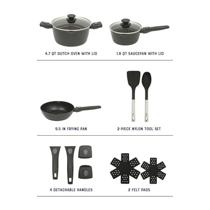 Oster SmartHandle Advance 13-Piece Nonstick Cookware Set – Matte Black Finish, Induction Base, Detachable Handles, Forged Aluminum, Oven & Dishwasher Safe, With Utensils & Pan Protectors