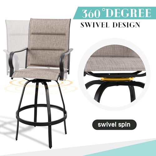 Vongrasig 5 Piece Patio Swivel Bar Set, All Weather Metal Textilene High Stools Chair Set of 4 and Glass Table, Outdoor Top Bistro for Lawn Garden, Balcony, Taupe Padded Gray VG-HGB4C1T