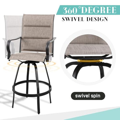 Vongrasig 5 Piece Patio Swivel Bar Set, All Weather Metal Textilene High Stools Chair Set of 4 and Glass Table, Outdoor Top Bistro for Lawn Garden, Balcony, Taupe Padded Gray VG-HGB4C1T