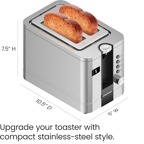 Chefman 2-Slice Digital Toaster, Pop-Up, Stainless Steel, Extra-Wide Slots For Bagels, Defrost, Reheat, Cancel Functions, Removable Crumb Tray