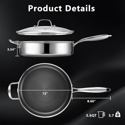 SAKAMOSH 12 Inch Frying Pan Nonstick with Lid, 5.6QT Hybrid Ceramic Deep Saute Pan & Skillet, Tri-Ply Stainless Steel for Even Heat, PFOA/PFOS Free, Induction & Oven Safe