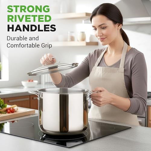 NutriChef 12-Quart Stainless Steel Stockpot – 18/8 Food Grade Heavy-Duty Induction-Compatible Pot with See-Through Lid, Ideal for Stews, Broths, Simmering & Soups, Dishwasher Safe – NCSP12
