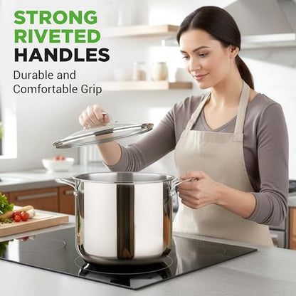 NutriChef 12-Quart Stainless Steel Stockpot – 18/8 Food Grade Heavy-Duty Induction-Compatible Pot with See-Through Lid, Ideal for Stews, Broths, Simmering & Soups, Dishwasher Safe – NCSP12