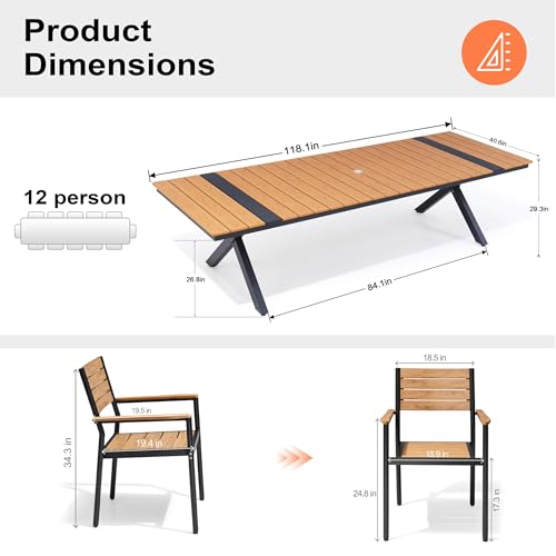 Pellebant 13 Piece Patio Table and Chairs Set for 12, Aluminum Outdoor Dining Set with Umbrella Hole, Stackable Dining Chairs & 118" Dining Table, Brown