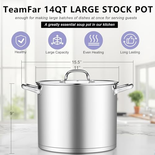 TeamFar Stainless Steel Stock Pot, 14QT Tri-ply Bottom Stockpot Large Cooking Soup Pot with Lid, for Induction Gas Electric Glass Tops, Non Toxic & Sturdy, Straight Sidewall & Various Stovetops Safe