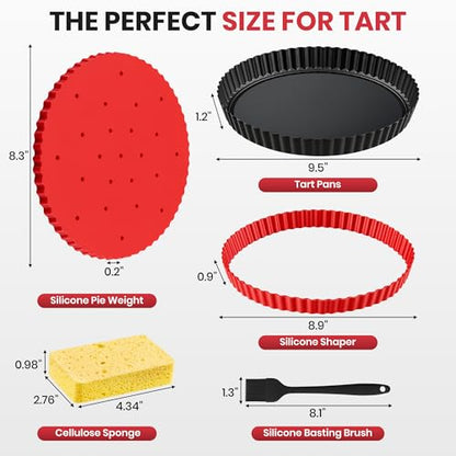 Tart Pan Kit,9 Inch Tart Pans with Removable Bottom,Non-stick Fluted Quiche Pan with Silicone Crust Shaper,Pie Weights,Brush,Sponges,Quiche Baking Dish Tart Molds For Baking Fruit Tarts,Pies & Quiches
