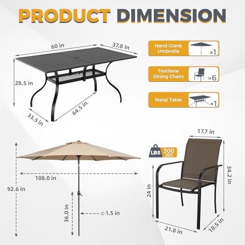 Crownland 7 Piece Patio Dining Set, Textilene Dining Sets, 6 Textilene Metal Chairs and Rectangular Outdoor Dining Table with Khaki 9FT Round Outdoor Umbrella (Brown)