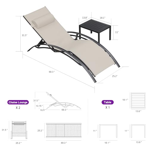 PURPLE LEAF Patio Chaise Lounge Set of 3 Outdoor Lounge Chair Beach Pool Sunbathing Lawn Lounger Recliner Chiar Outside Tanning Chairs with Arm for All Weather, Side Table Included, Beige
