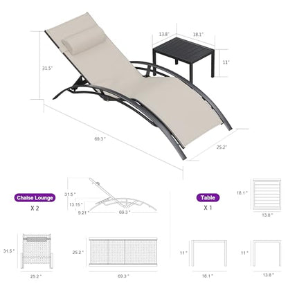 PURPLE LEAF Patio Chaise Lounge Set of 3 Outdoor Lounge Chair Beach Pool Sunbathing Lawn Lounger Recliner Chiar Outside Tanning Chairs with Arm for All Weather, Side Table Included, Beige