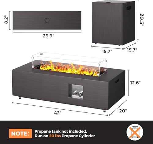 Jocoevol Fire Pit Table 50,000 BTU 42" Rectangular Propane Fire Pit Outdoor with Wind Guard Glass, Lid, Rocks and Cover Gas Fireplace for Deck or Patio