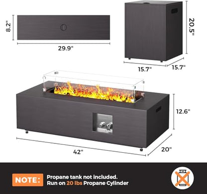 Jocoevol Fire Pit Table 50,000 BTU 42" Rectangular Propane Fire Pit Outdoor with Wind Guard Glass, Lid, Rocks and Cover Gas Fireplace for Deck or Patio