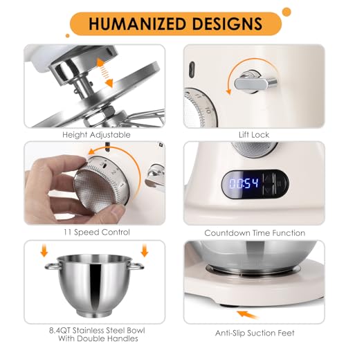 8.4QT Commercial Stand Mixer 800W with Aluminum Die Casting Meets the Standard of NSF/ANSI 8-2023, Mixers Kitchen Electric Stand Mixer with Stainless Steel 8L Bowl, Dough Hook, Whisk and Beater