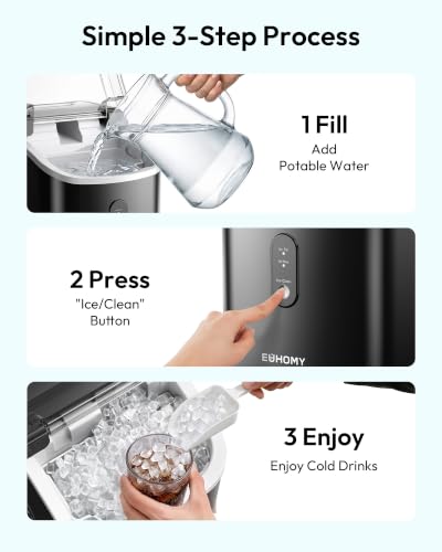 EUHOMY Nugget Ice Maker Countertop with Handle, Ready in 6 Mins, 34lbs Per Day, Removable Top Cover, Auto-Cleaning, Portable Sonic Ice Maker with Basket and Scoop, for Home/Party/RV/Camping (Black)