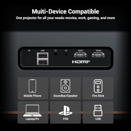 2000 ANSI 4K Decoding Projector with WiFi and Bluetooth, HAPPRUN Movie Home Theater with Auto Focus, 300'' Display for Indoor/Outdoor, Smart Proyector Compatible with Phone/TV Stick/PC/PS5