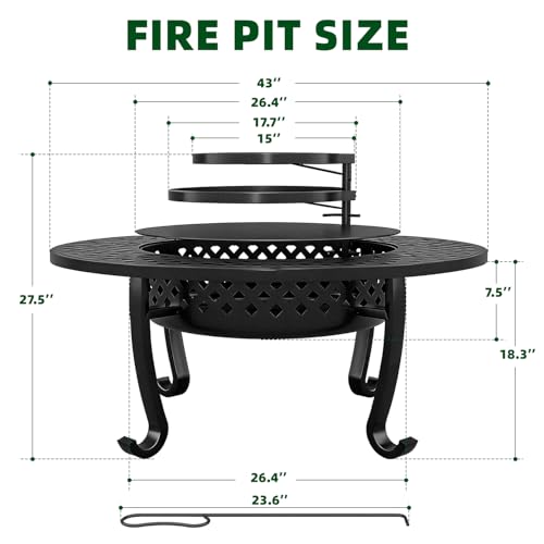 43 Inch Fire Pit with 2 Grill, Outdoor Wood Burning Firepit with Lid, Metal Round Table for Backyard Patio Garden Picnic Camping Bonfire