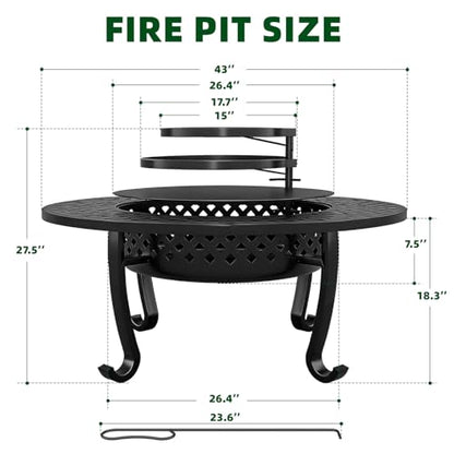 43 Inch Fire Pit with 2 Grill, Outdoor Wood Burning Firepit with Lid, Metal Round Table for Backyard Patio Garden Picnic Camping Bonfire