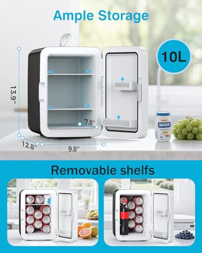 Antarctic Star Compact Mini Fridge, 10L Portable Small Refrigerator, 2.6 Gal Desktop Fridge with AC/DC Adapters, Small Cosmetics Cooler for Beverage, Food, Makeup, Bedroom, Office, Dorm, Black