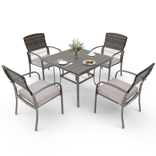 Pamapic 5-Piece Outdoor Furniture Set, Rattan Patio Dining Set with Weather-Resistant Iron Slats Table, 4 Stackable Chairs & Removable Cushions for Backyard, Deck, Garden (Grey)