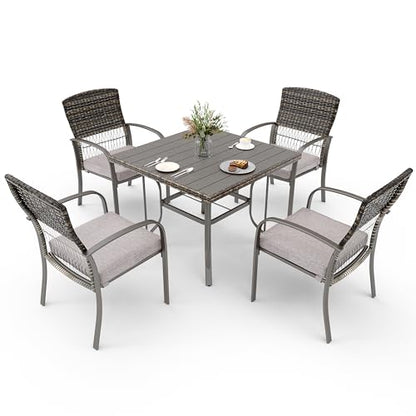 Pamapic 5-Piece Outdoor Furniture Set, Rattan Patio Dining Set with Weather-Resistant Iron Slats Table, 4 Stackable Chairs & Removable Cushions for Backyard, Deck, Garden (Grey)