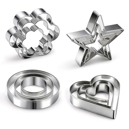 12 Pcs Professional Stainless Steel Cookie Cutters Set - Heart, Flower, Round, Star Shapes Metal Biscuit Cutter, Essential Baking Tools for Dough Preparation