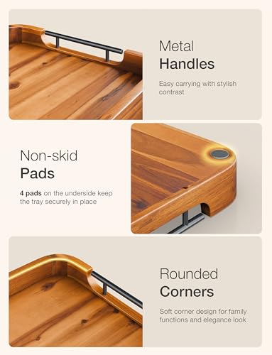TIDITA Ottoman Tray for Living Room – 17"x13" Rectangle Serving Tray with Handles – Wooden Tray for Coffee Table, Living Room, Breakfast in Bed – Decorative Trays for Ottoman or Couch (Acacia Wood)