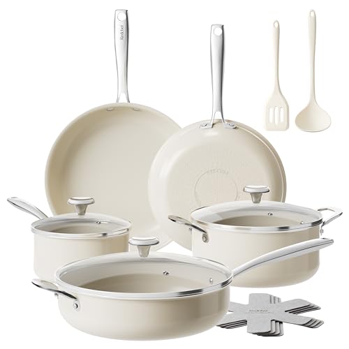 Redchef Ceramic Nonstick Cookware Set,14pcs Pots and Pans Set Non Stick,Induction Cookware with Stainless Steel Handle,Non Toxic Kitchen Cooking Set,Dishwasher & Oven Safe,PFAS PFOA & PTFE Free